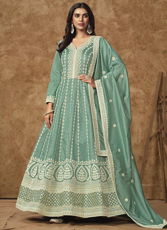 Dola Silk Teal Wedding Wear Embroidery Work Anarkali Suit